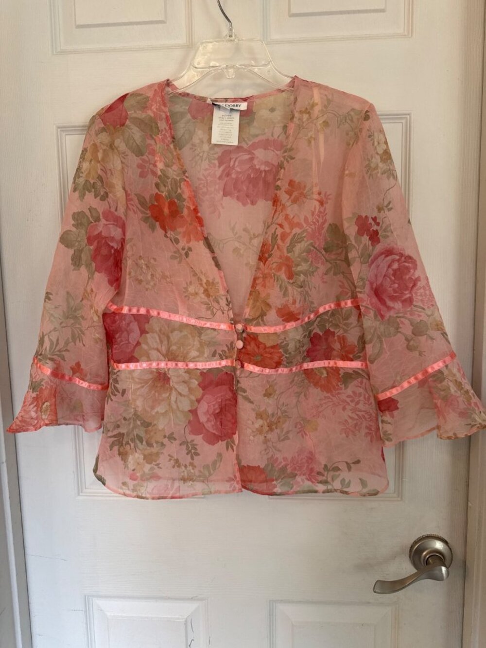 Vintage 90s Miss Dorby Pink Floral Sleeveless Midi Dress Jacket Sheer Lined 12 - Picture 11 of 14